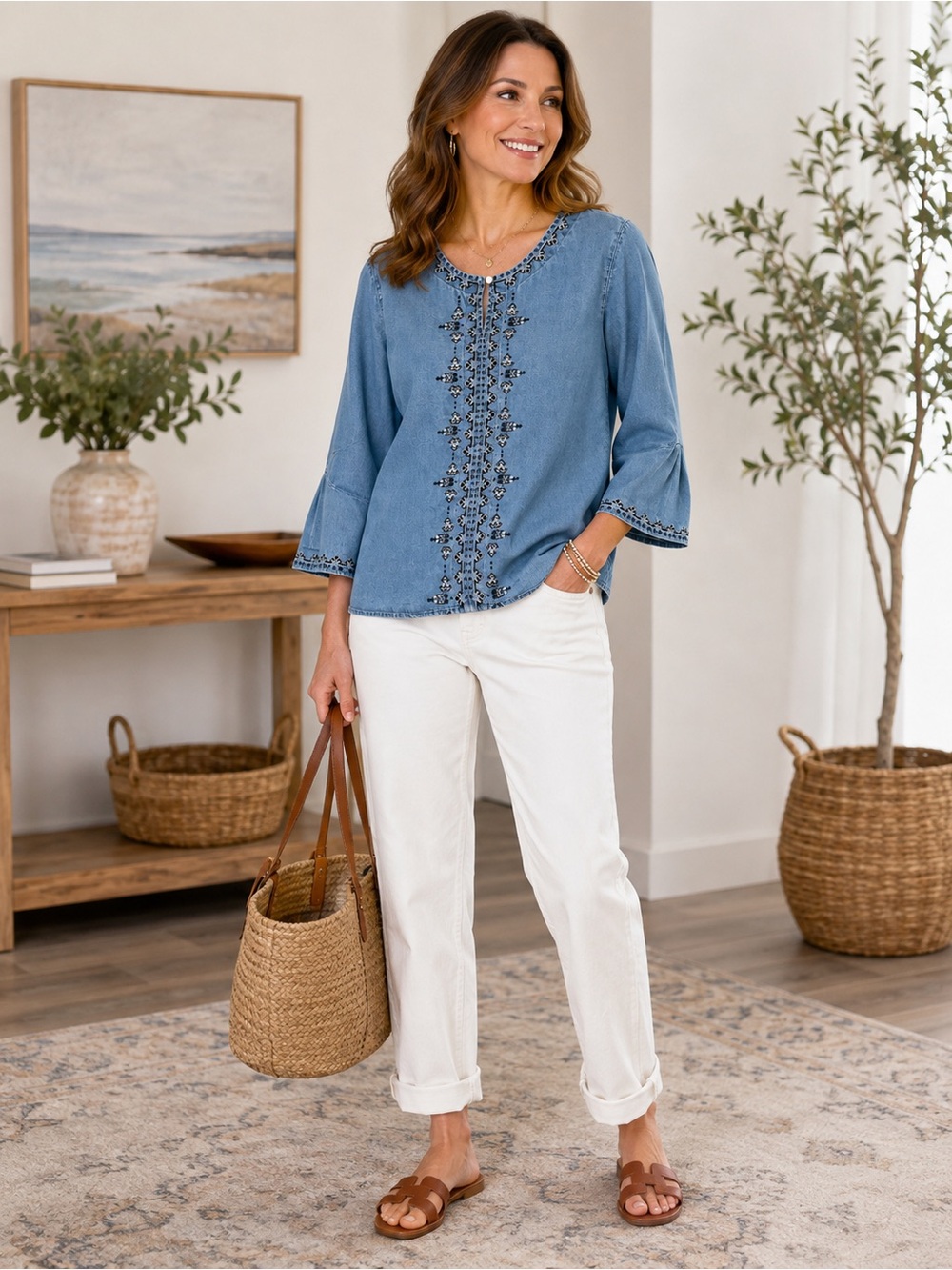 J.Jill Denim Blue Embroidered Chambray Boho Blouse Top Size M
